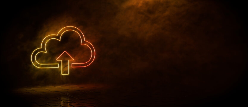 Orange and yellow neon light cloud upload icon. Vibrant colored technology symbol, isolated on a black background. 3D Render 