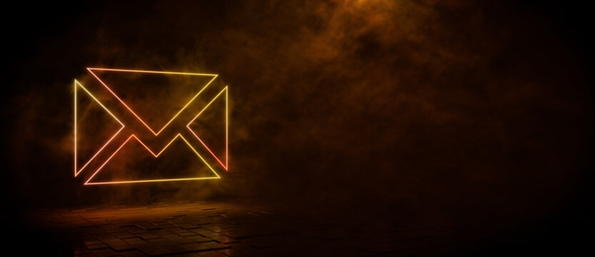 Orange and yellow neon light email icon. Vibrant colored technology symbol, isolated on a black background. 3D Render 