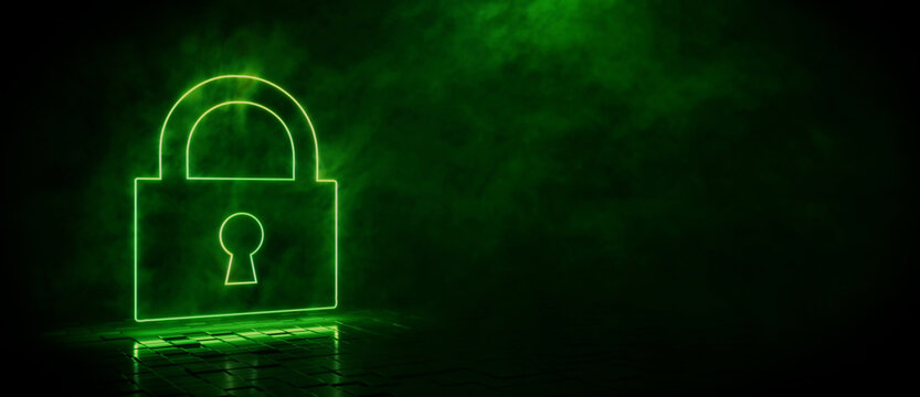 Green neon light lock icon. Vibrant colored technology symbol, isolated on a black background. 3D Render 