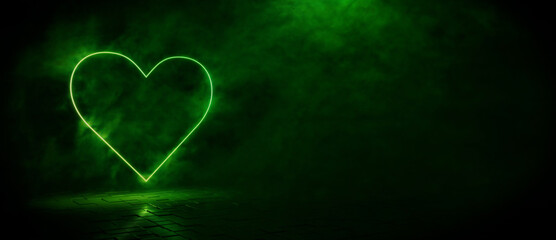 Green neon light heart icon. Vibrant colored technology symbol, isolated on a black background. 3D Render 