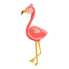 Sweet pink flamingo princess with a crown on her head. Suitable for print on clothes, cards, invitations for birthday. Vector illustration isolated on white background