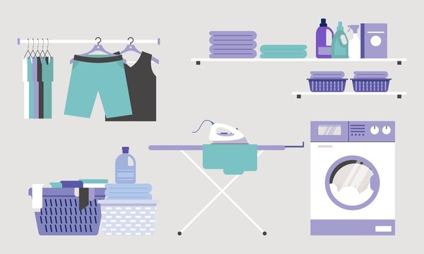 Laundry room equipment. Laundry room, washing machine, basket, iron, ironing board, drying clothes, cleaning supplies vector illustrations