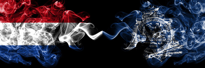 Netherlands vs United States of America, America, US, USA, American, Charleston, South Carolina smoky mystic flags placed side by side. Thick colored silky abstract smoke flags.