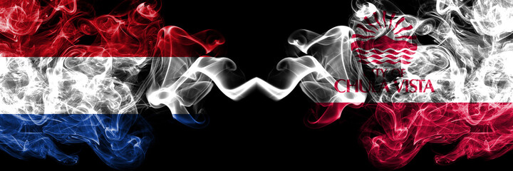 Netherlands vs United States of America, America, US, USA, American, Chula Vista, California smoky mystic flags placed side by side. Thick colored silky abstract smoke flags.