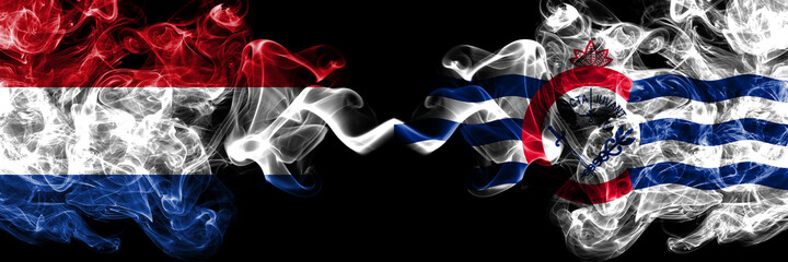 Netherlands vs United States of America, America, US, USA, American, Cincinnati, Ohio smoky mystic flags placed side by side. Thick colored silky abstract smoke flags.