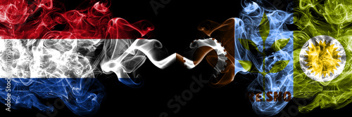 Netherlands vs United States of America, America, US, USA, American, Fresno, California smoky mystic flags placed side by side. Thick colored silky abstract smoke flags.