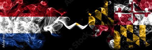 Netherlands vs United States of America, America, US, USA, American, Maryland smoky mystic flags placed side by side. Thick colored silky abstract smoke flags.