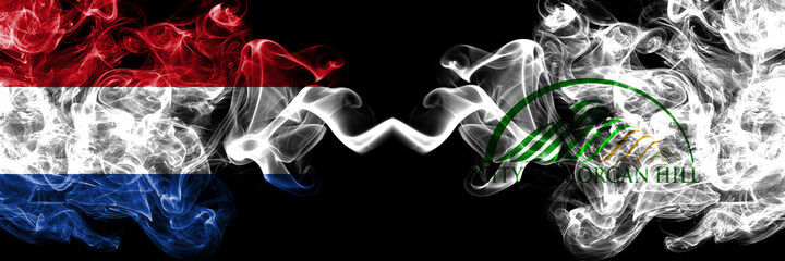 Netherlands vs United States of America, America, US, USA, American, Morgan Hill, California smoky mystic flags placed side by side. Thick colored silky abstract smoke flags.
