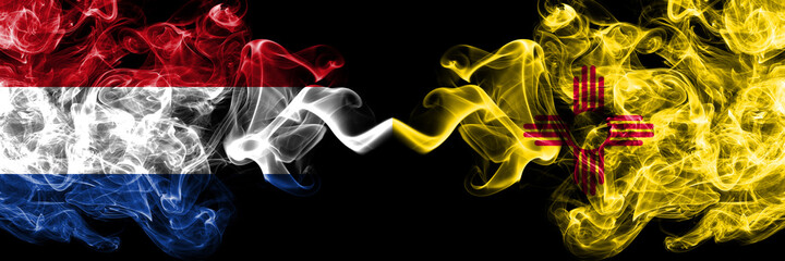 Netherlands vs United States of America, America, US, USA, American, New Mexico smoky mystic flags placed side by side. Thick colored silky abstract smoke flags.