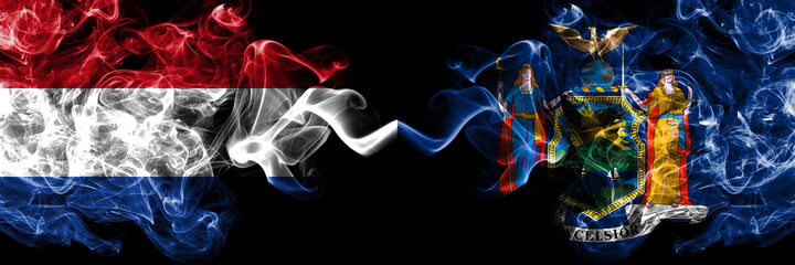 Netherlands vs United States of America, America, US, USA, American, New York  smoky mystic flags placed side by side. Thick colored silky abstract smoke flags.