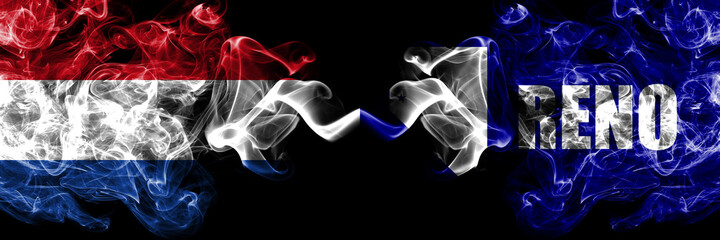 Netherlands vs United States of America, America, US, USA, American, Reno, Nevada smoky mystic flags placed side by side. Thick colored silky abstract smoke flags.