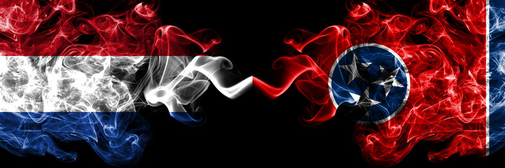 Netherlands vs United States of America, America, US, USA, American, Tennessee smoky mystic flags placed side by side. Thick colored silky abstract smoke flags.