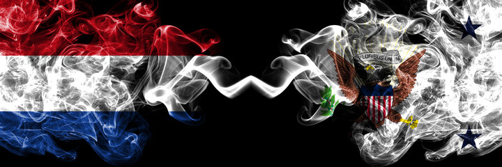 Netherlands vs United States of America, America, US, USA, American, Vice President smoky mystic flags placed side by side. Thick colored silky abstract smoke flags.