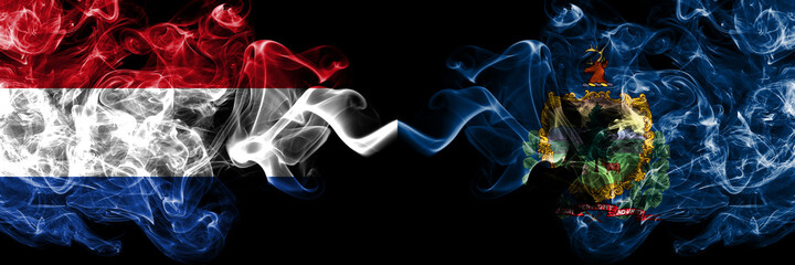 Netherlands vs United States of America, America, US, USA, American, Vermont smoky mystic flags placed side by side. Thick colored silky abstract smoke flags.