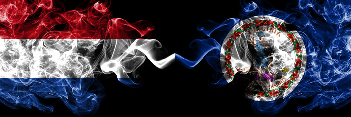 Netherlands vs United States of America, America, US, USA, American, Virginia smoky mystic flags placed side by side. Thick colored silky abstract smoke flags.