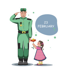 The girl gives the soldier a flower and congratulates him on the Defender of the Fatherland Day. Greeting card, poster, poster.