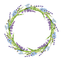 Floral natural wreath watercolor illustration. Elegant spring and summer round rustic decor from lavender, forget-me-not flowers. Hand drawn garden wreath. Festive decoration on white background.