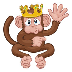 A monkey king cute happy cartoon character animal wearing a crown waving and pointing