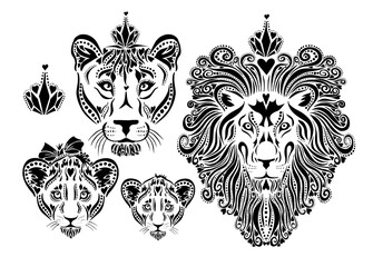 Family of lions stylized faces. T-shirt prints. Family look. Vector illustration