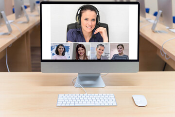 Fototapeta na wymiar Online remote school class concept. Mixed race college student distance learning using computer conferencing. Learning from home during quarantine and coronavirus outbreak.