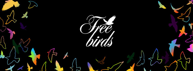 A flock of flying birds. Horizontal frame of colorful birds. Mixed media. Vector illustration