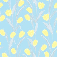 Tulip flowers in a flowery seamless vector pattern. Floral pattern in yellow, blue and gray colors.