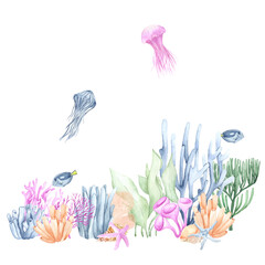 Watercolor illustration of coral reef and jellyfish. Perfect for printing, textile, web design, various souvenirs and other creative ideas. © Irina