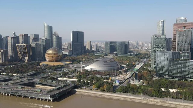 Aerial photography of cdb high-rise buildings by the Qiantang River in Hangzhou, Zhejiang