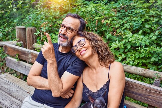 Middle age couple smiling happy looking at the sky. Sitting on the bench with chihuahua dog at park