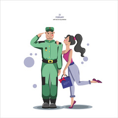 the girl kisses the soldier and gives him a gift in honor of the Defender of the Fatherland Day. Greeting card, greeting card.
