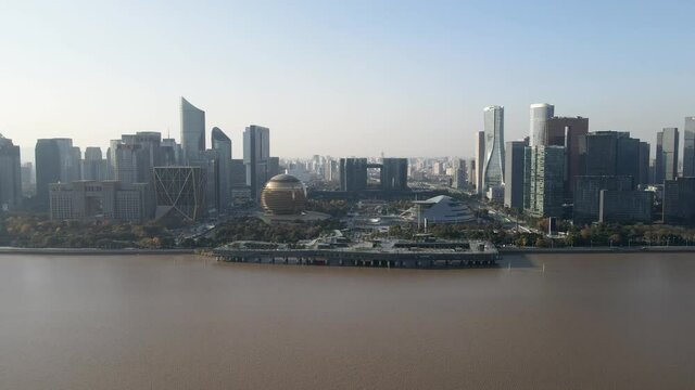 Aerial photography of cdb high-rise buildings by the Qiantang River in Hangzhou, Zhejiang