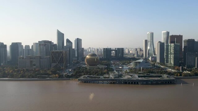 Aerial photography of cdb high-rise buildings by the Qiantang River in Hangzhou, Zhejiang