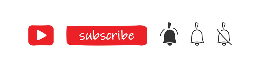 Subscribe red button with bell icon in doodle style. Flat hand drawing vector