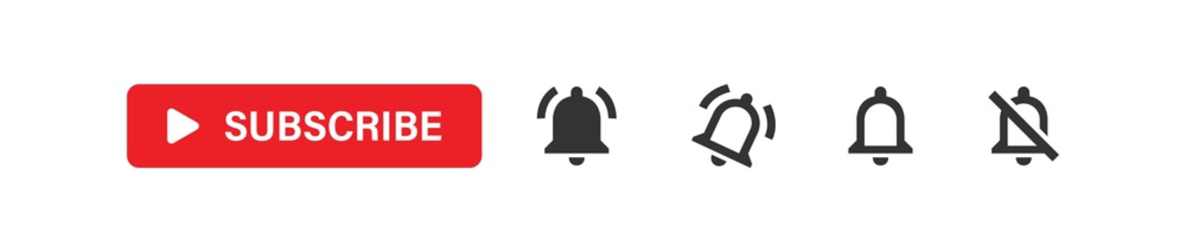 Subscribe red button with bell notification set icons. Web social media vector