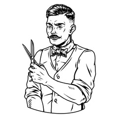 Trendy mustached barber man holding scissors