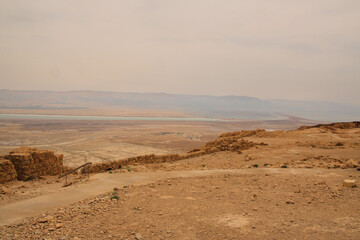 A view of the Israeli Desert and the Dead Sea near Masada