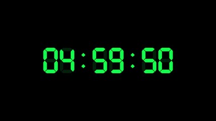 5 hour o'clock digital clock. Seconds count to five. Numerical electronic green display screen.