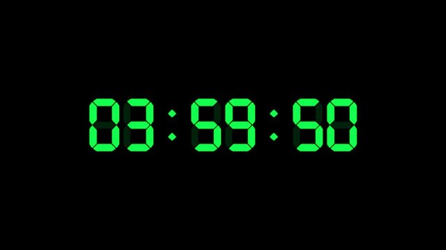 4 hour o'clock digital clock. Seconds count to four. Numerical electronic green display screen.