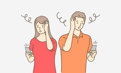 Couple holding mobile and grabbed his head with headache. Hand draw style. Vector illustration.