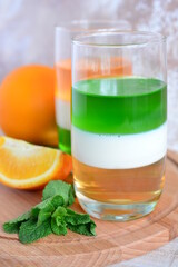 jelly with kiwi milk and orange and mint
