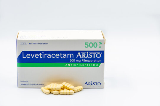 Package of Levetiracetam Aristo tablets closeup against white