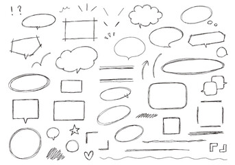 ラフな手描きの吹き出し・フレームのセット（モノクロ）