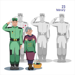 Granny and a soldier on the background of an army of soldiers. Grandmother gives her grandson a sweater in honor of the Defender of the Fatherland Day. Greeting card, greeting card.