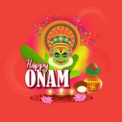 vector illustration of greeting for south Indian festival Onam with kathakali face.