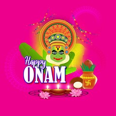 vector illustration of greeting for south Indian festival Onam with kathakali face.