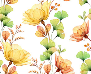 Watercolor seamless floral pattern. Abstract yellow roses, gingko leaves and on white. Isolated hand drawn background for wallpaper design, textile, fabric