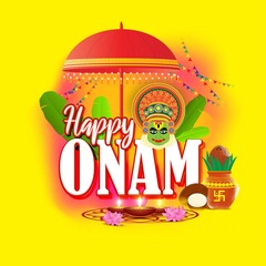 vector illustration of greeting for south Indian festival Onam with kathakali face.