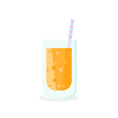 Natural fresh orange juice in a glass.  tube for drinking. Healthy organic food. Citrus fruit. Vector illustration flat design. Isolated on white background. Taking vitamins.
