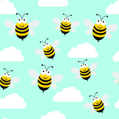 vector pattern with bees. flat illustration of pattern with black and yellow bees. cute smiling bee