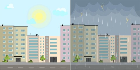 House vector. Sunny and rainy weather flat style modern buildings with skyline background. Good and bad weather. Thunder and sun vector illustration. Weather forecast.
